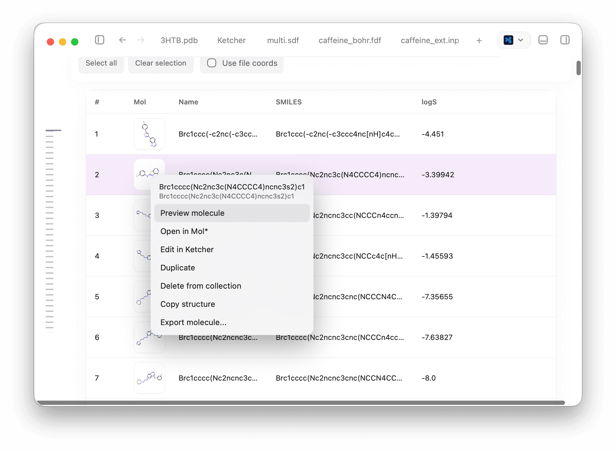 Burrete showing a searchable molecule collection with structure cards, table columns, and grid controls.