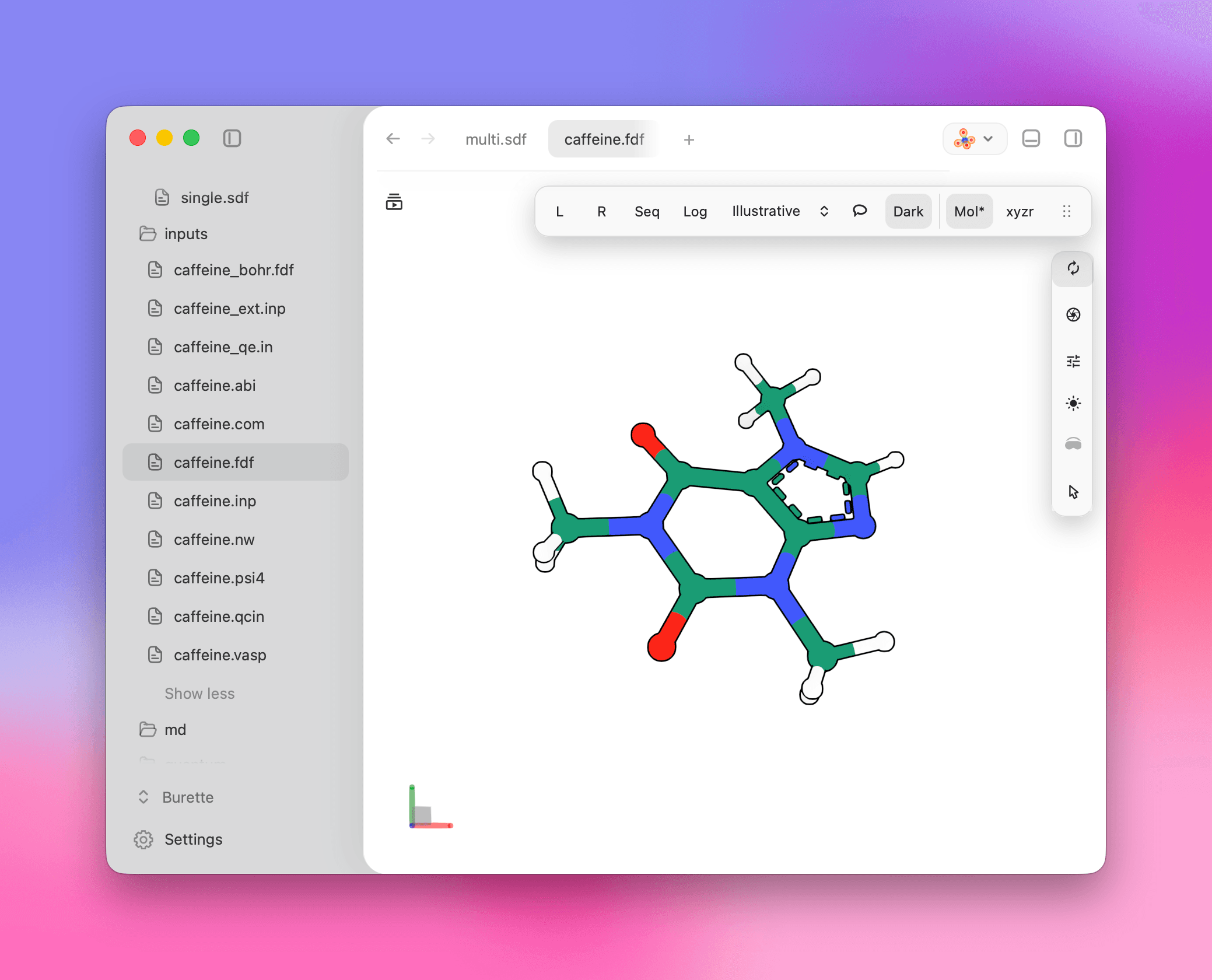 A Burette Finder Quick Look window previewing a molecular structure.