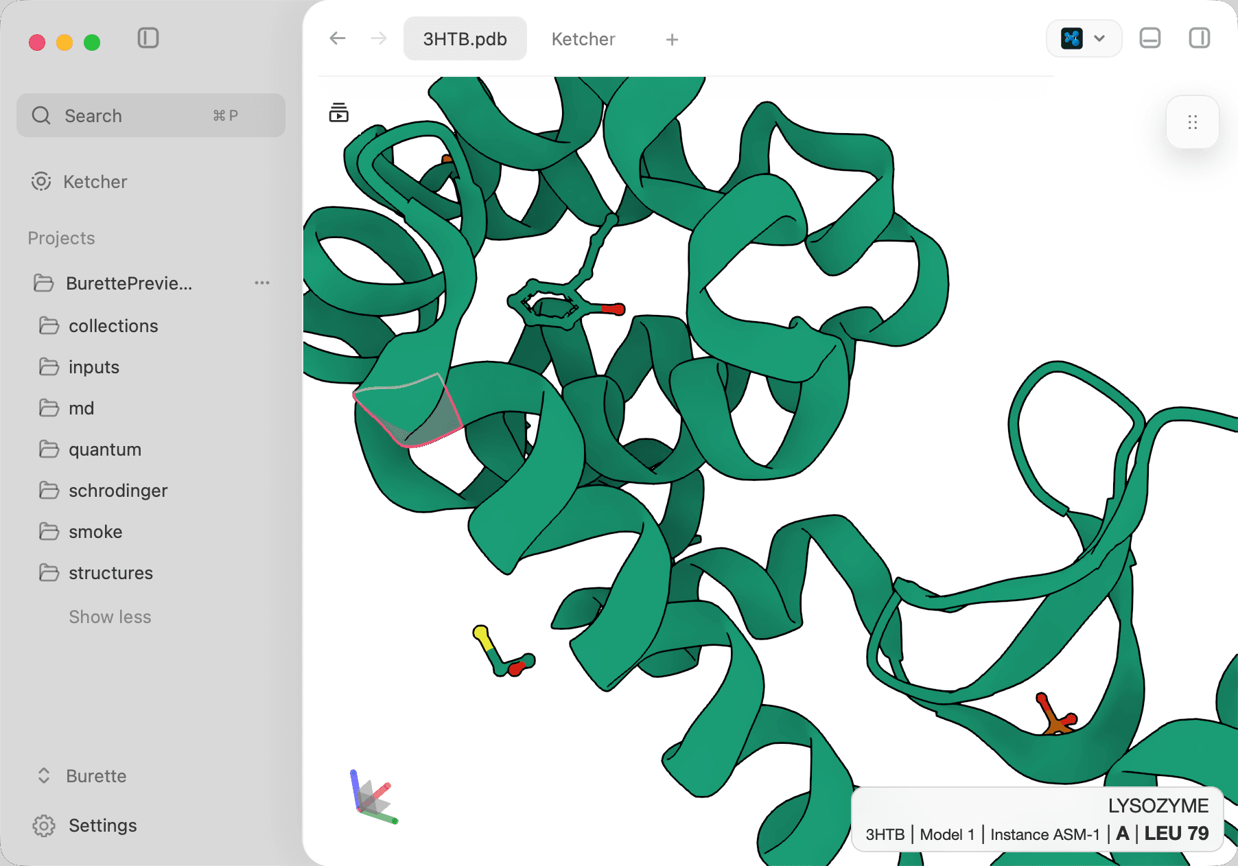 Burette desktop workspace with project navigation, tabs, a Molstar structure view, and inspector docks.